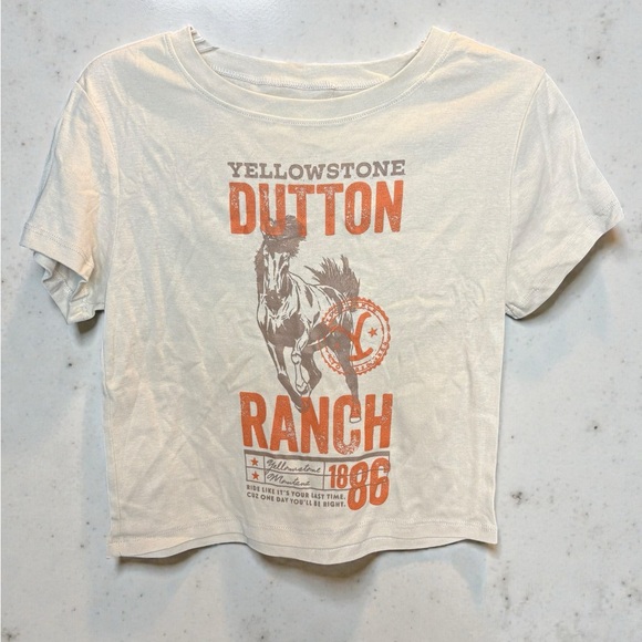 Tops - Yellowstone Dutton Ranch Women's Tee - Cream and Orange Cropped